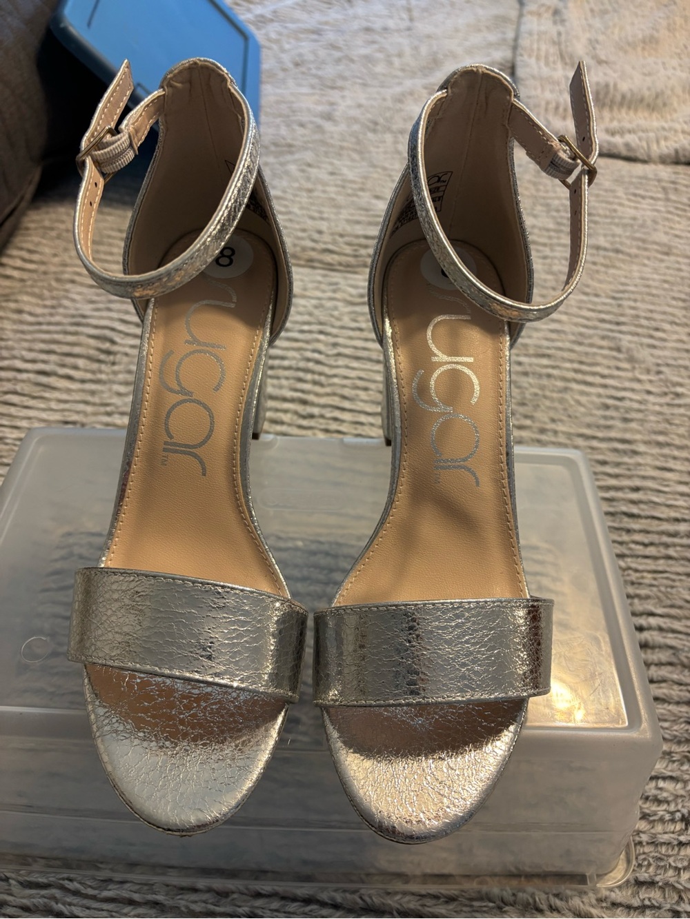 Sugar Metallic Silver Ankle Strap Heels